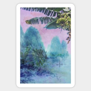 Banana tree &amp; bamboo boat - Pink Sunset Mountainscape Sticker